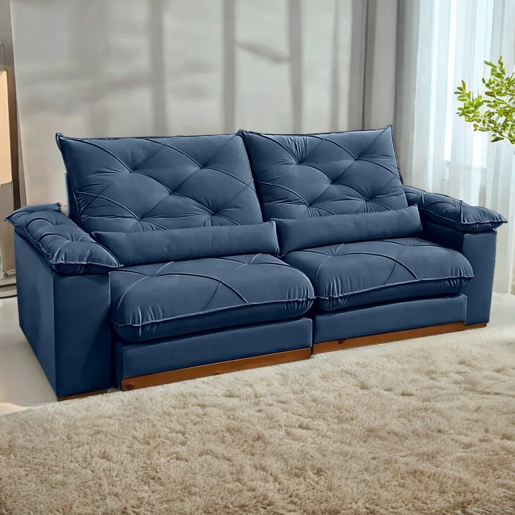 Sofá Retrátil e Reclinável Gran Paladium (Pillow) 2,50 m Veludo Azul – IMPÉRIO DECOR