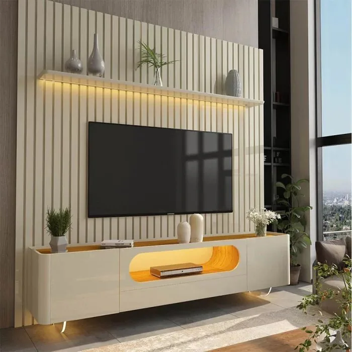 Painel Nobre 230 Off White + Rack Nobre 210 (Pés de Vidro) Off White/Naturale – GELIUS