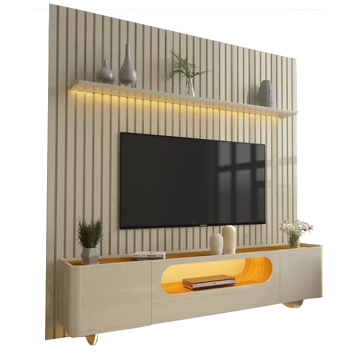 Painel Nobre 230 Off White + Rack Nobre 210 (Pés de Vidro) Off White/Naturale – GELIUS