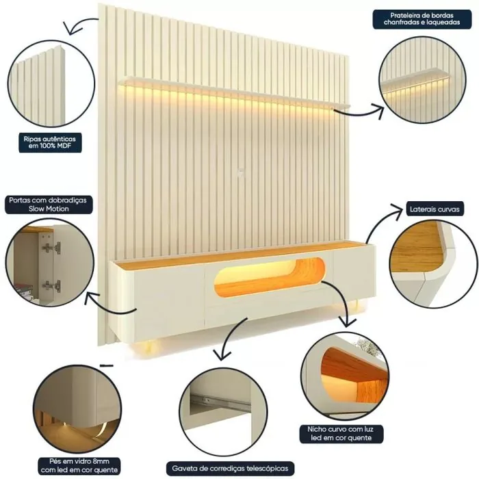 Painel Nobre 230 Off White + Rack Nobre 210 (Pés de Vidro) Off White/Naturale – GELIUS