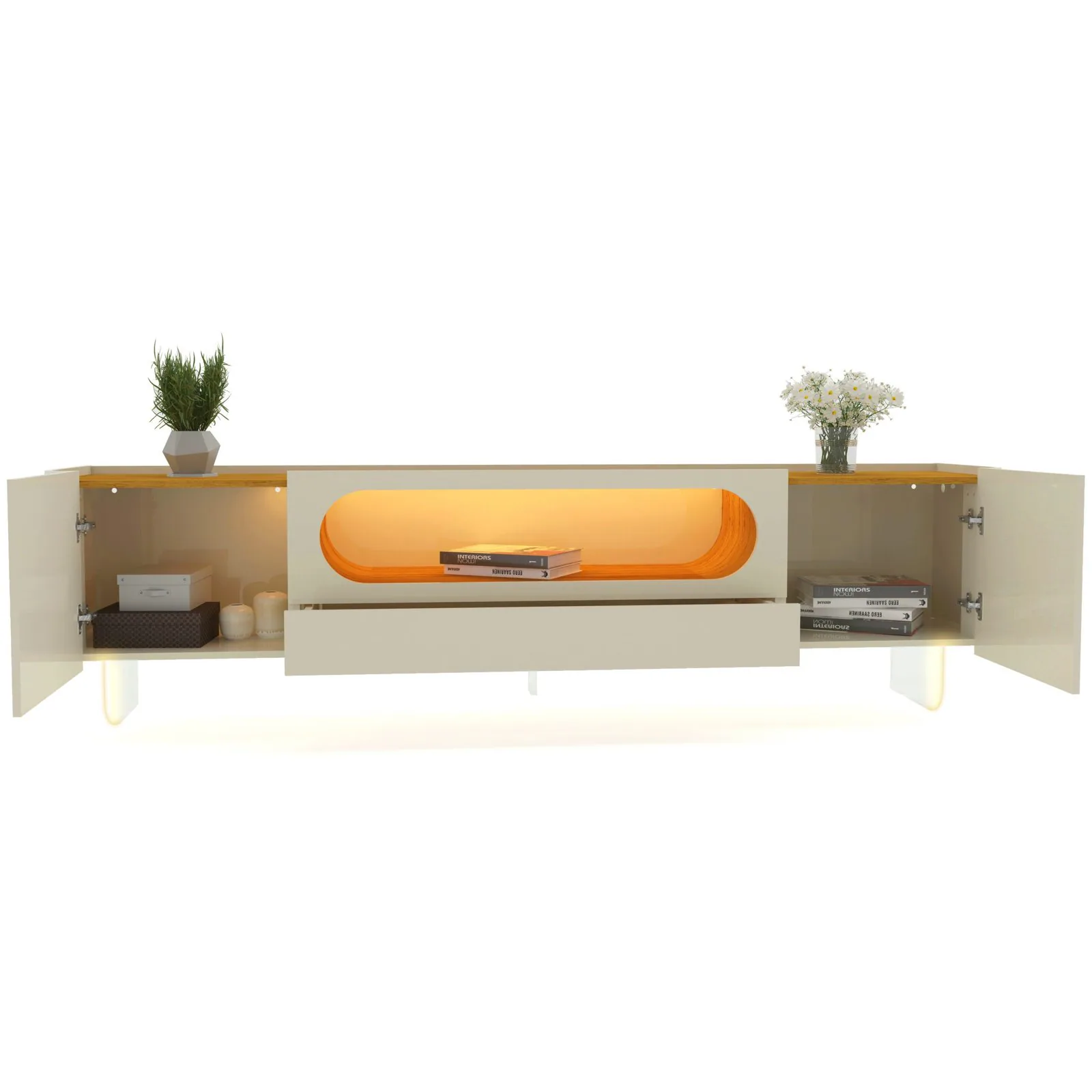 Painel Nobre 230 Off White + Rack Nobre 210 (Pés de Vidro) Off White/Naturale – GELIUS