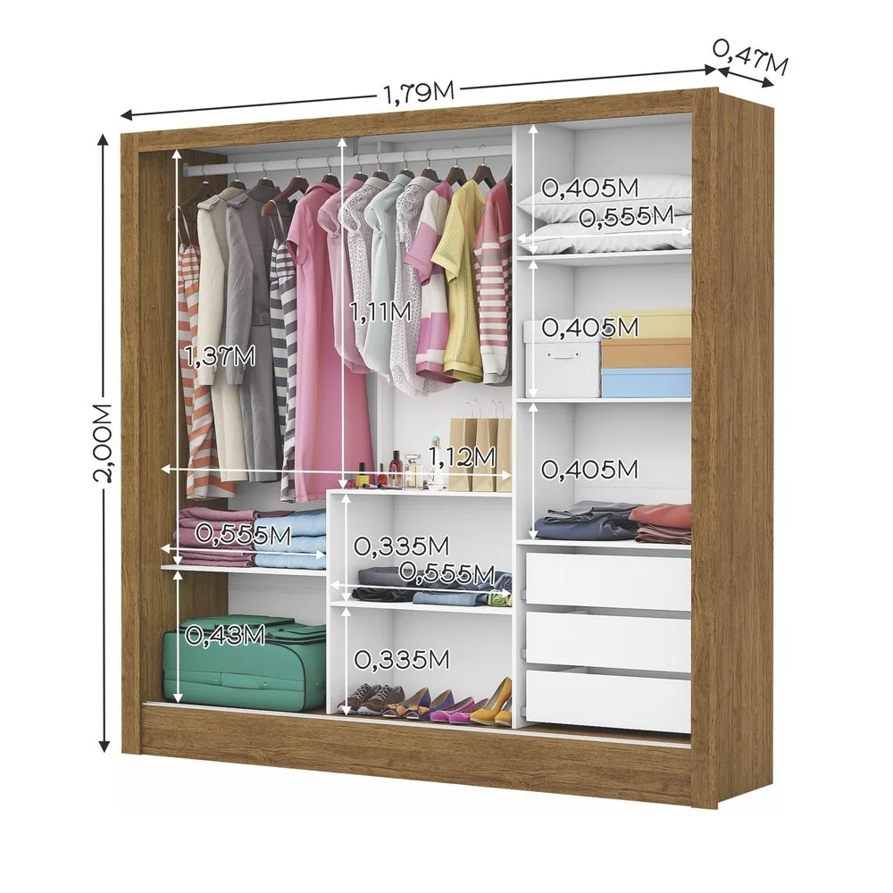 Guarda-Roupa Dubai/Santiago Premium(3 Portas espelhadas) 1,79 m Cinamomo/Branco – CARIOCA MÓVEIS