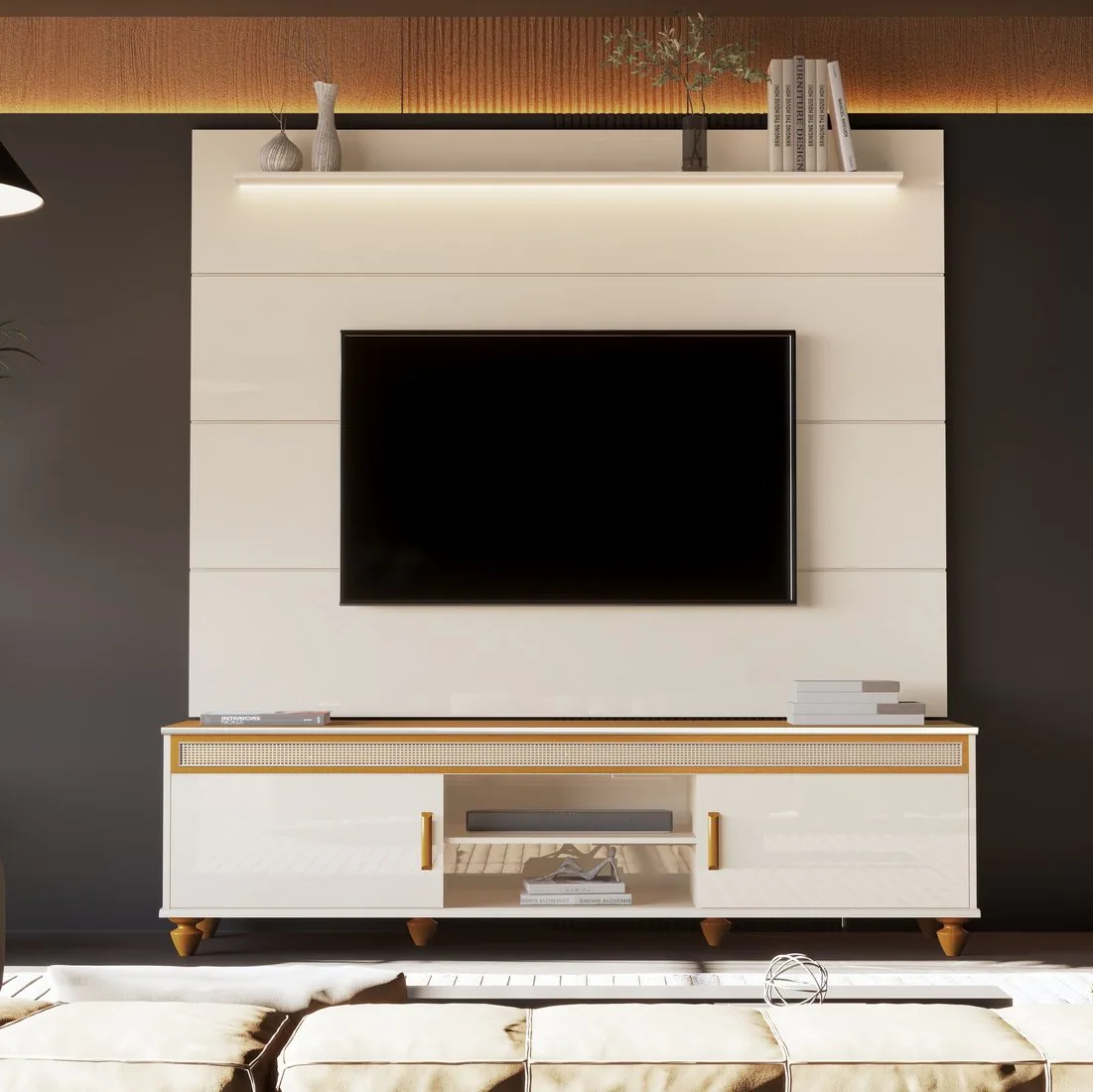 Painel até 75″ Bliss + Rack Comodoro 1.8 Off White/Cedro – EDN MÓVEIS