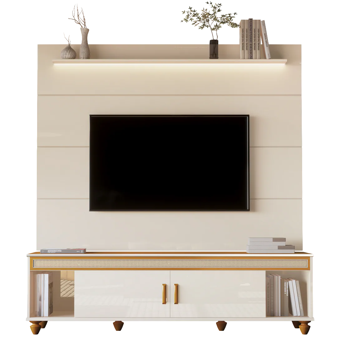 Painel até 75″ Bliss + Rack Comodoro 1.8 Off White/Cedro – EDN MÓVEIS