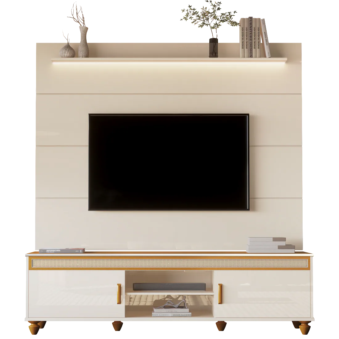 Painel até 75″ Bliss + Rack Comodoro 1.8 Off White/Cedro – EDN MÓVEIS