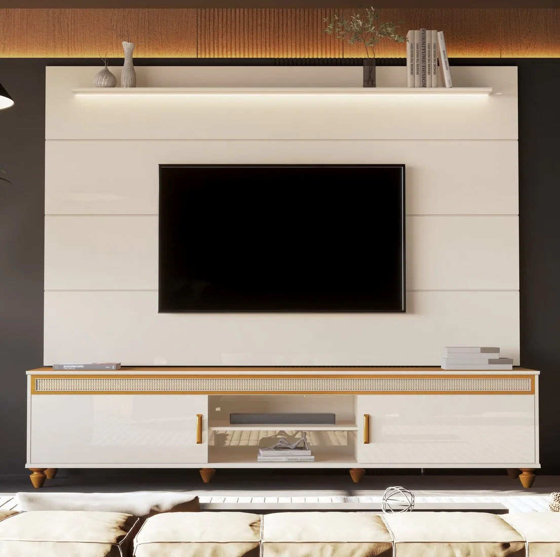 Painel até 75″ Bliss + Rack Comodoro 2.18 Off White/Cedro – EDN MÓVEIS