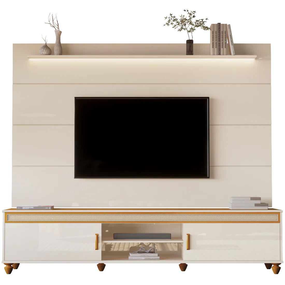 Painel até 75″ Bliss + Rack Comodoro 2.18 Off White/Cedro – EDN MÓVEIS