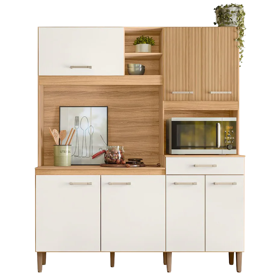 Kit Cozinha Yara 1,60 m Freijó/Off White Cristal/Ripado – NICIOLI