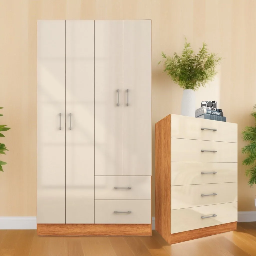 Guarda-Roupa 4 Portas Panamá 4002 + Cômoda 5 Gavetas Aruba Cinamomo/Off White – FELLICCI
