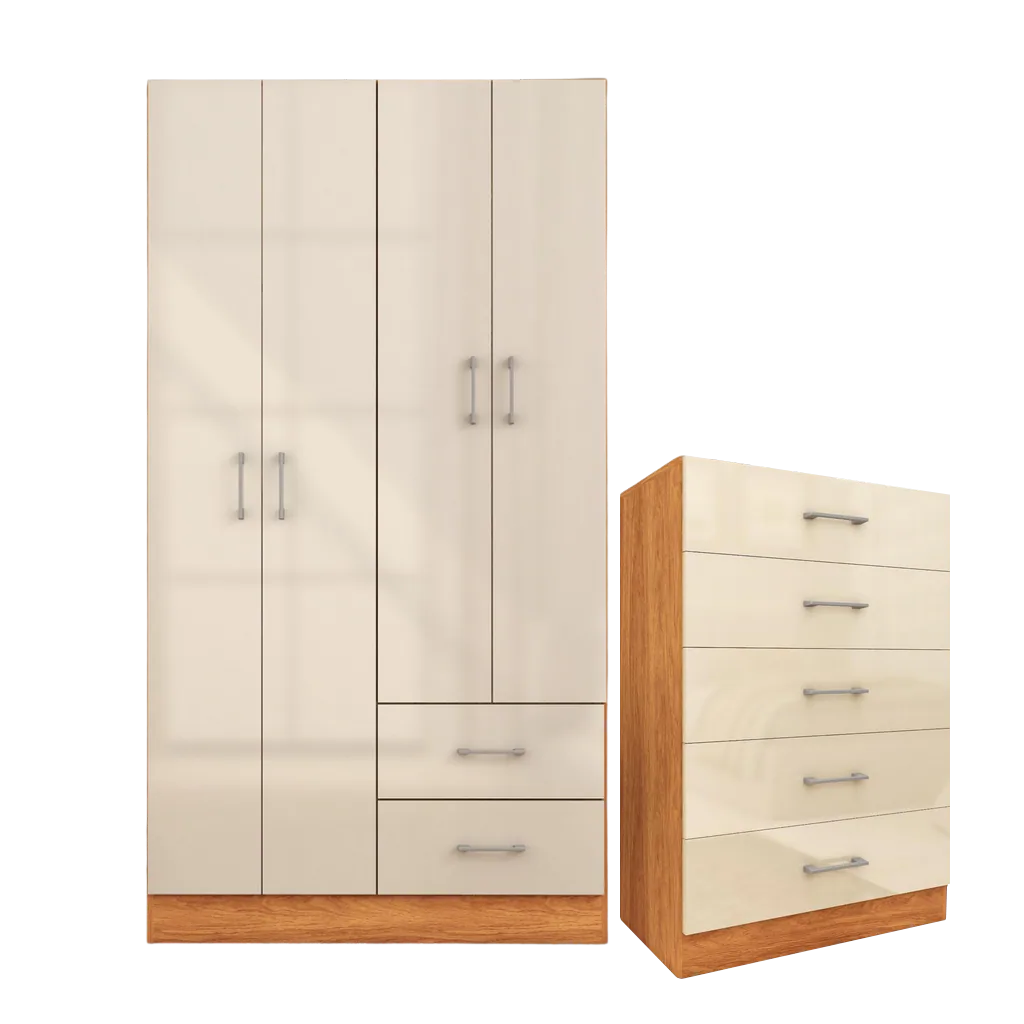 Guarda-Roupa 4 Portas Panamá 4002 + Cômoda 5 Gavetas Aruba Cinamomo/Off White – FELLICCI