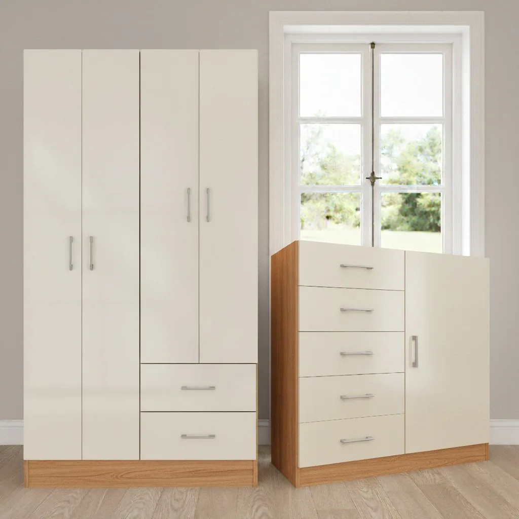 Guarda-Roupa 4 Portas Panamá 4002 + Cômoda 5 Gavetas Sapateira Miami Cinamomo/Off White – FELLICCI