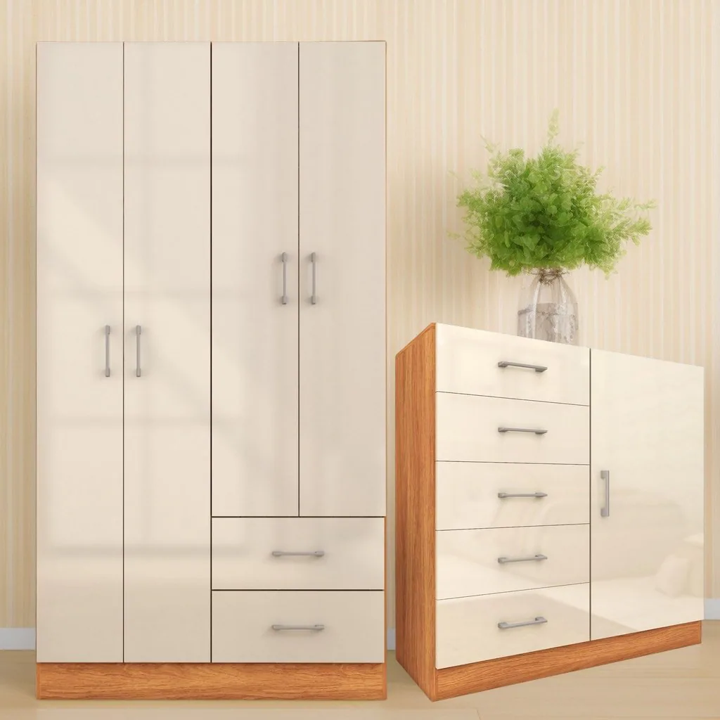 Guarda-Roupa 4 Portas Panamá 4002 + Cômoda 5 Gavetas Sapateira Miami Cinamomo/Off White – FELLICCI