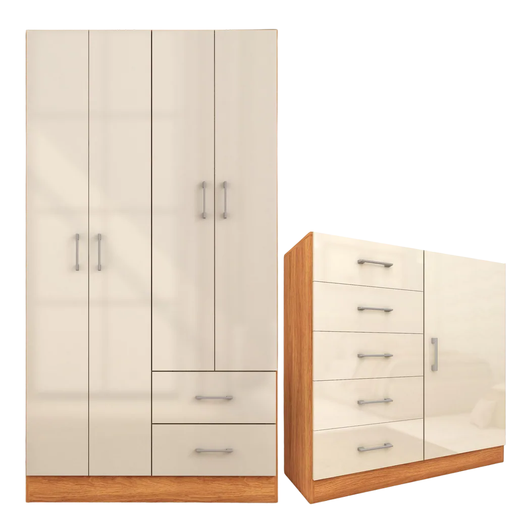 Guarda-Roupa 4 Portas Panamá 4002 + Cômoda 5 Gavetas Sapateira Miami Cinamomo/Off White – FELLICCI