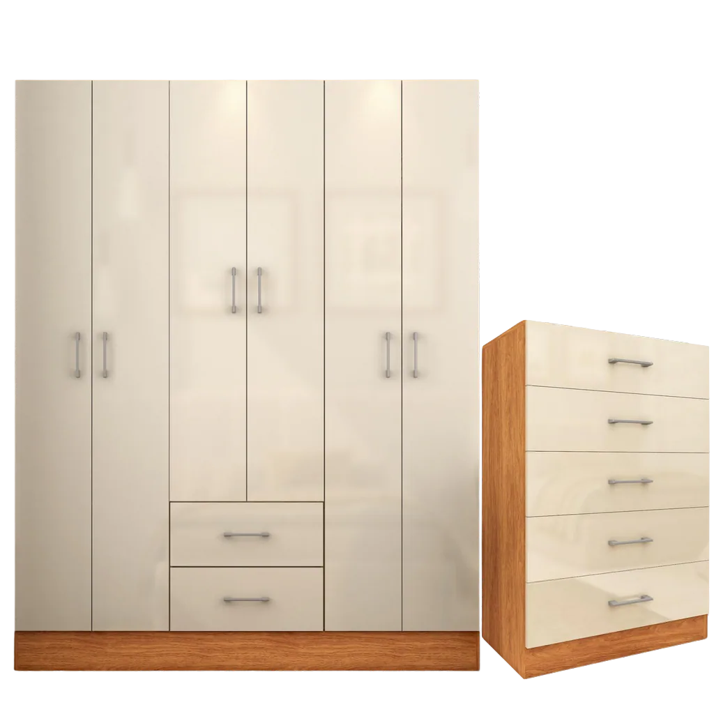 Guarda-Roupa 6 Portas Jamaica 6002 + Cômoda 5 Gavetas Aruba Cinamomo/Off White – FELLICCI