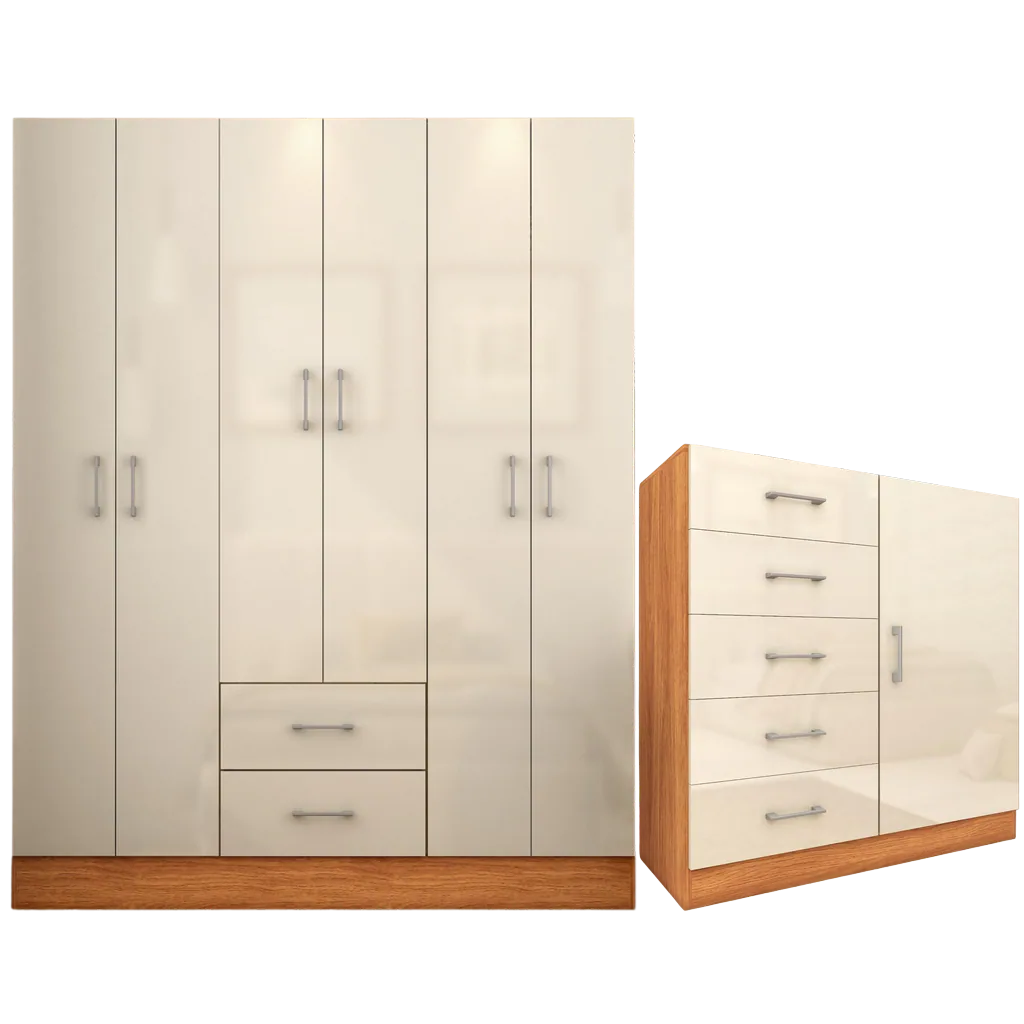 Guarda-Roupa 6 Portas Jamaica 6002 + Cômoda 5 Gavetas Sapateira Miami Cinamomo/Off White – FELLICCI