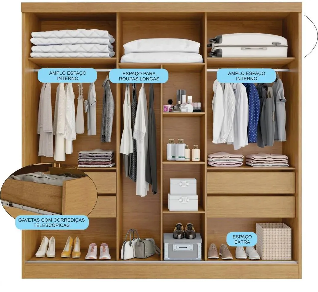 Guarda-Roupa 3 Portas Toronto 2,40 m Nature/Off White – BIANCHI