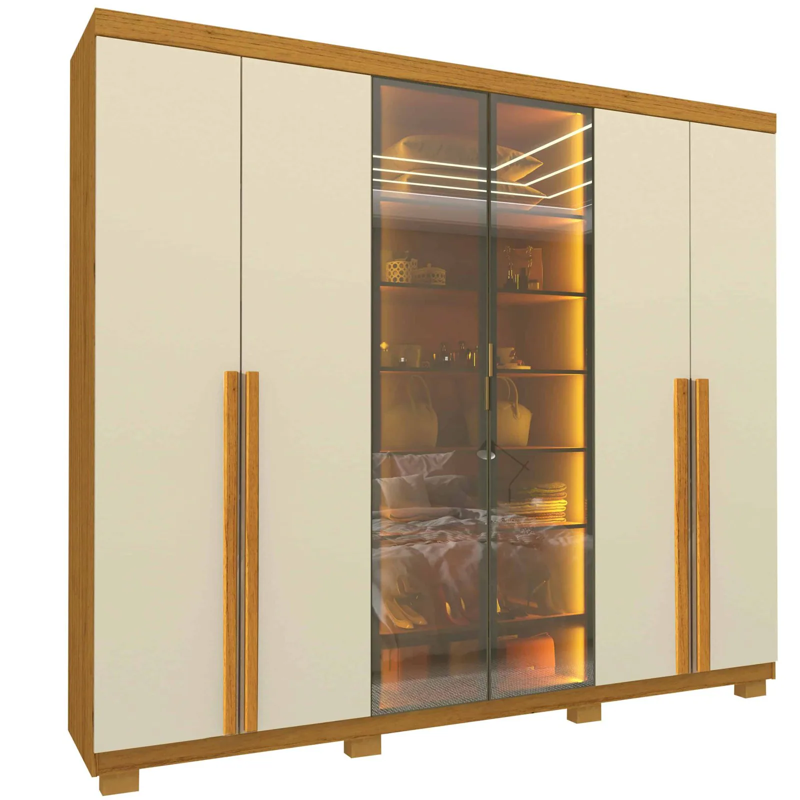 Guarda-Roupa Imperatriz 2,30 m 6 Portas/2 Reflecta Naturale/Off White – GELIUS