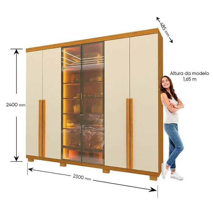 Guarda-Roupa Imperatriz 2,30 m 6 Portas/2 Reflecta Naturale/Off White – GELIUS