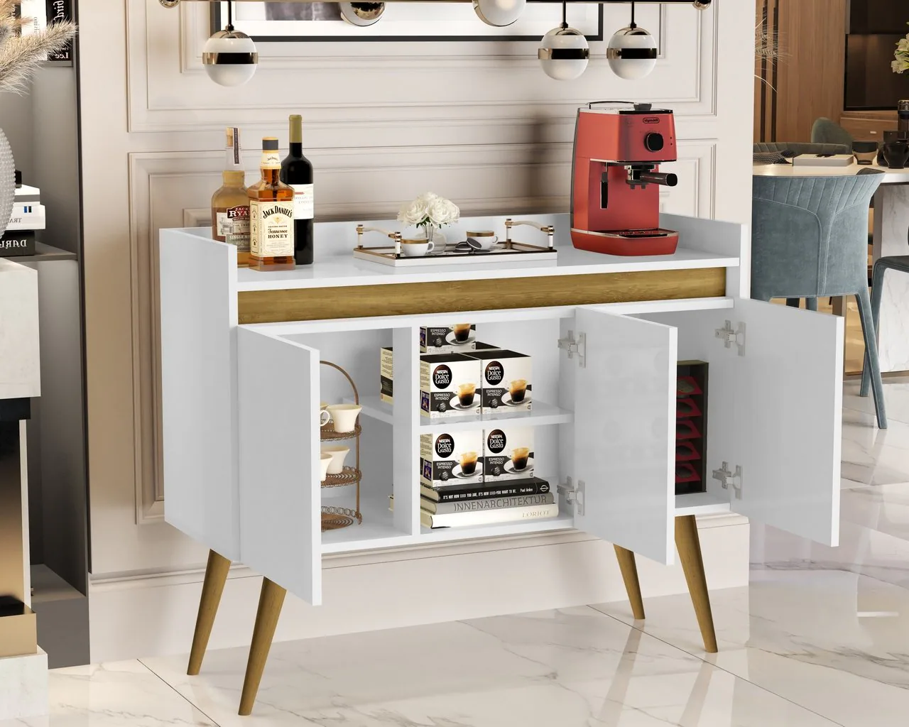 Buffet 3 Portas Gold Branco/Mel/Branco – MÓVEIS PRIMUS