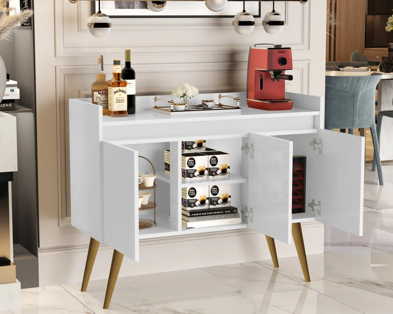 Buffet 3 Portas Gold Branco/Mel/Branco – MÓVEIS PRIMUS