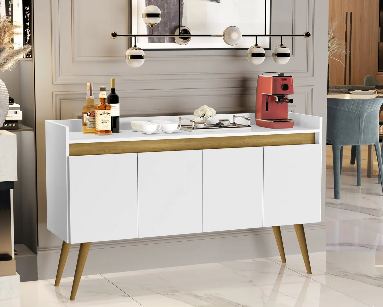 Buffet 4 Portas Gold Branco/Mel/Branco – MÓVEIS PRIMUS