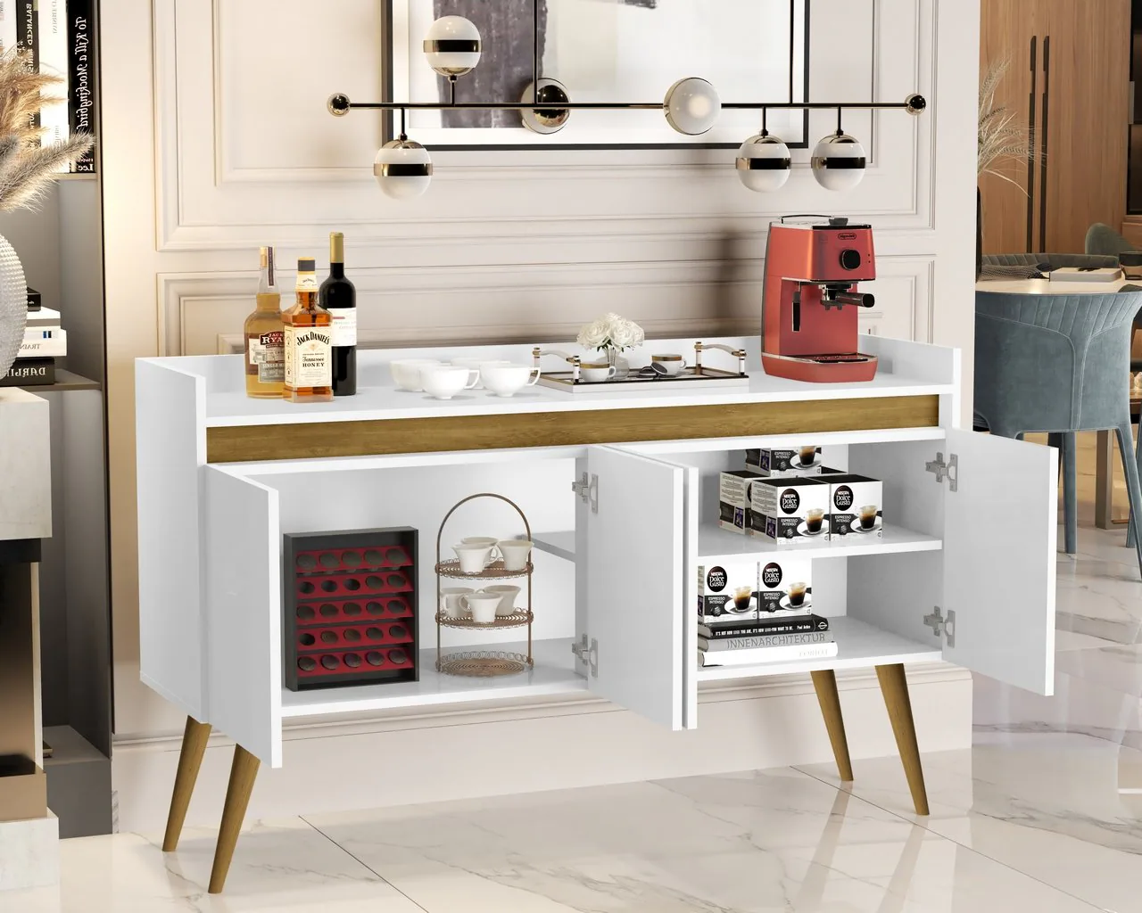 Buffet 4 Portas Gold Branco/Mel/Branco – MÓVEIS PRIMUS