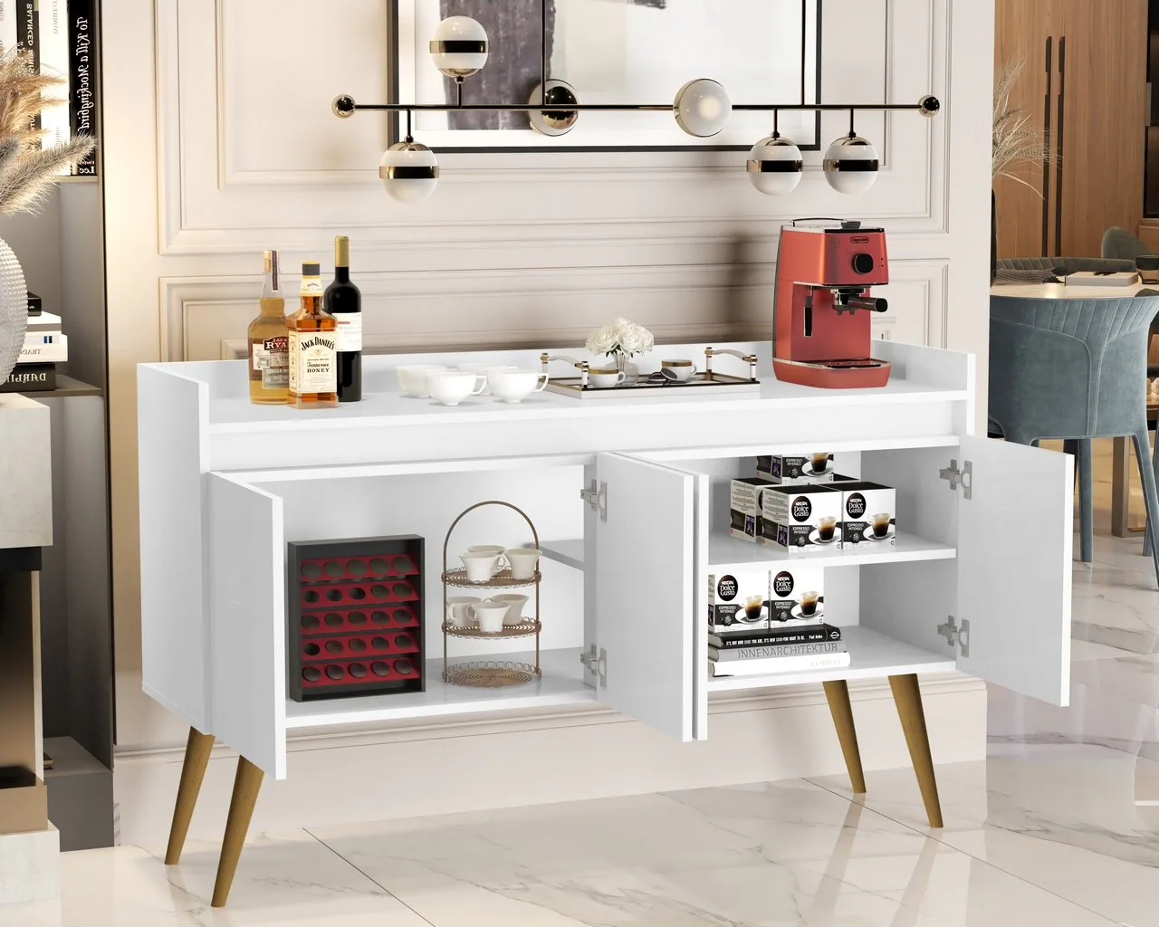 Buffet 4 Portas Gold Branco/Mel/Branco – MÓVEIS PRIMUS