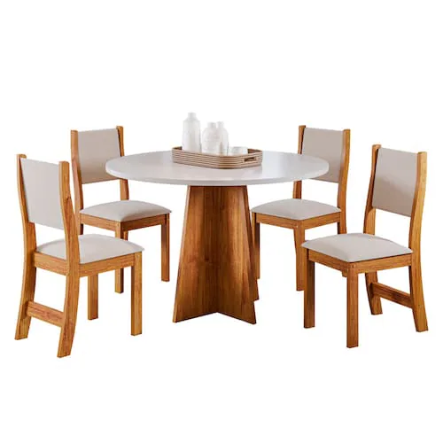 Mesa Redonda Flipp/Slin Mel/Blonde com 4 Cadeiras Sol Linho Bronze – VIERO MÓVEIS