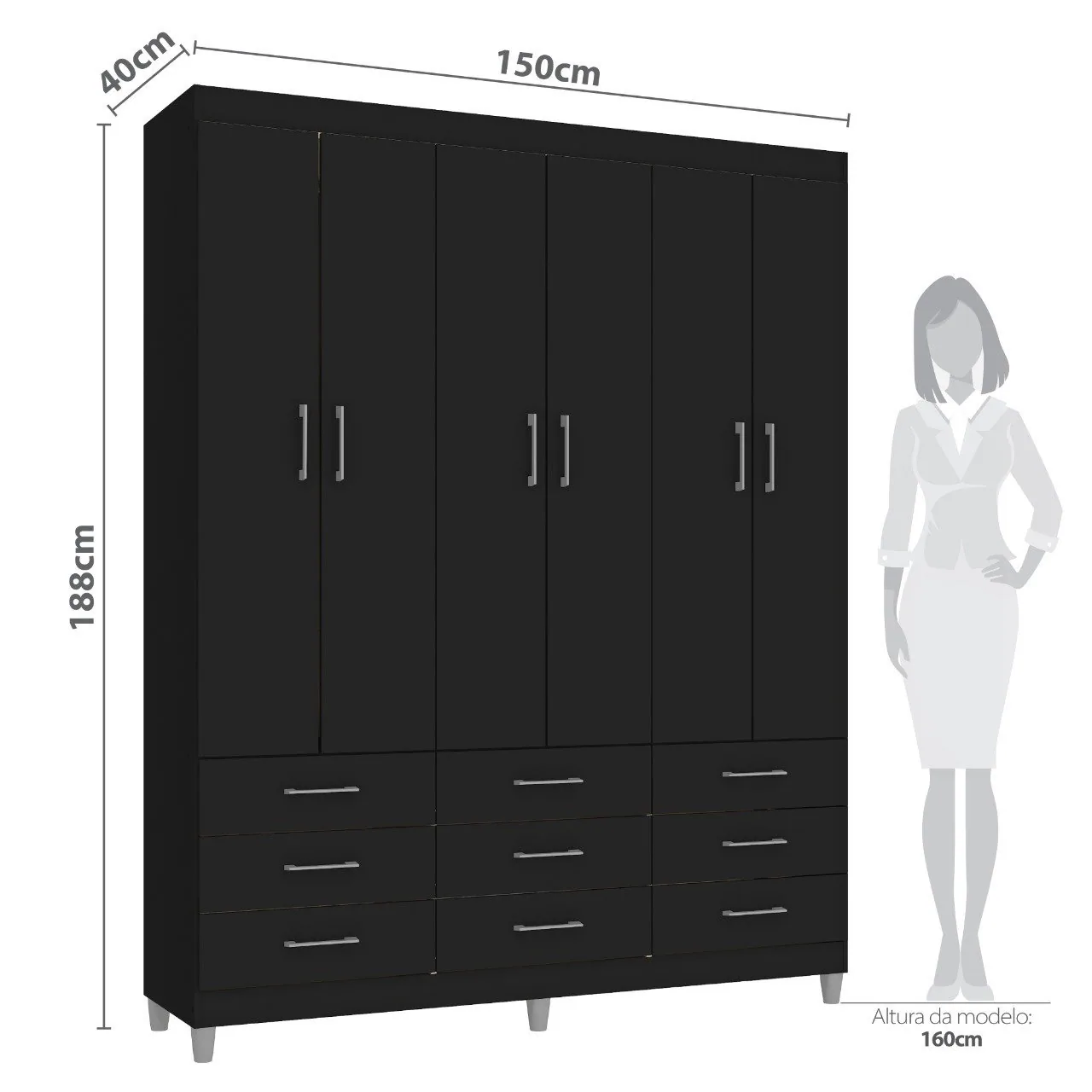 Guarda-Roupa 6 Portas Paraty 3690 1,50 m Preto – FELLICCI
