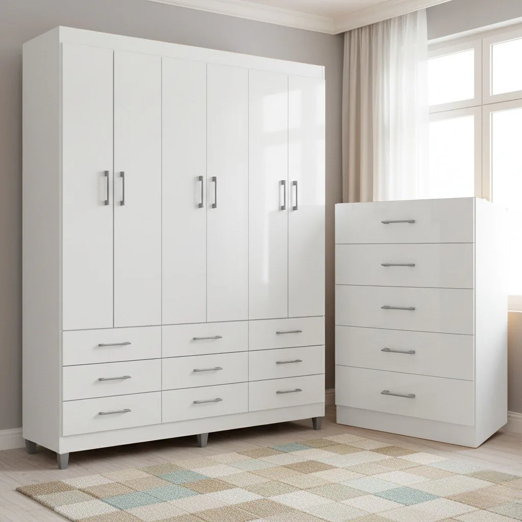 Guarda-Roupa 6 Portas Paraty 3690 + Cômoda 5 Gavetas Aruba Branco – FELLICCI
