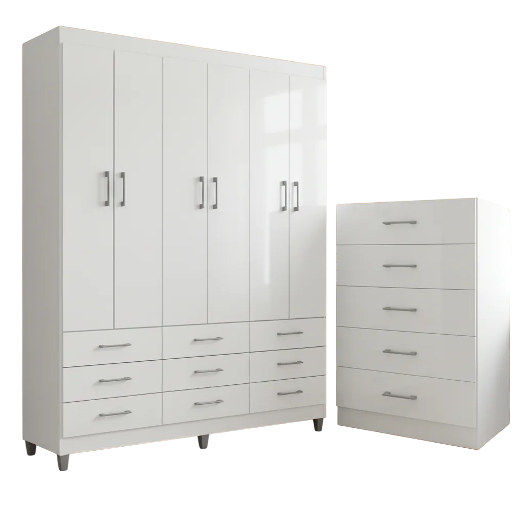 Guarda-Roupa 6 Portas Paraty 3690 + Cômoda 5 Gavetas Aruba Branco – FELLICCI