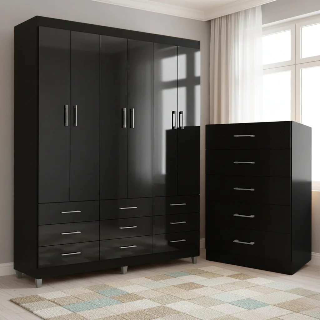 Guarda-Roupa 6 Portas Paraty 3690 + Cômoda 5 Gavetas Aruba Preto – FELLICCI