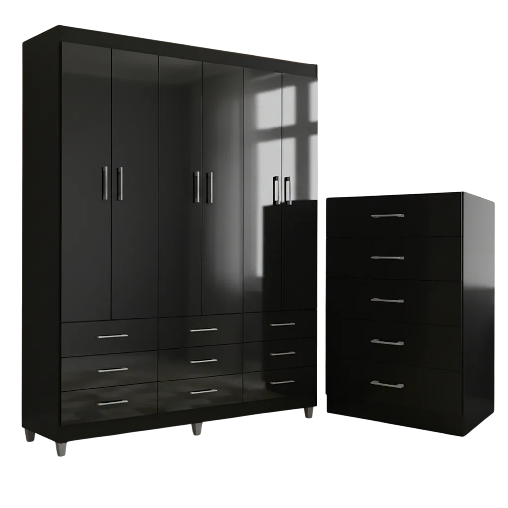 Guarda-Roupa 6 Portas Paraty 3690 + Cômoda 5 Gavetas Aruba Preto – FELLICCI