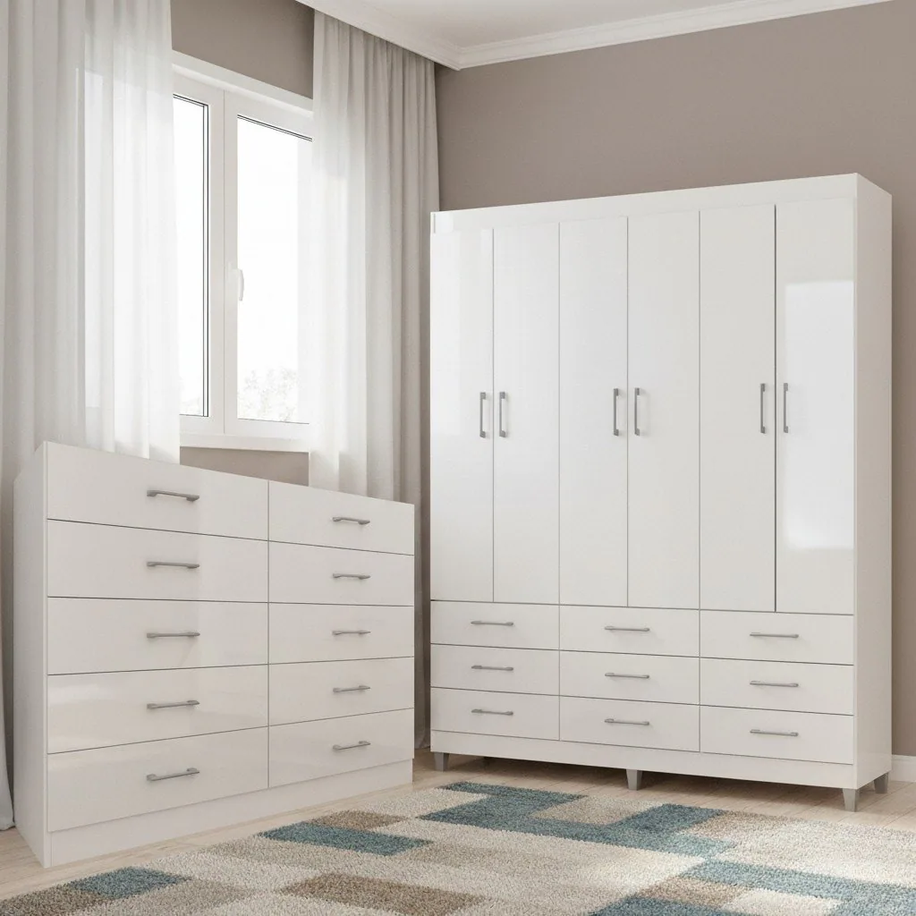 Guarda-Roupa 6 Portas Paraty 3690 + Cômoda 10 Gavetas Caribe Branco – Fellicci