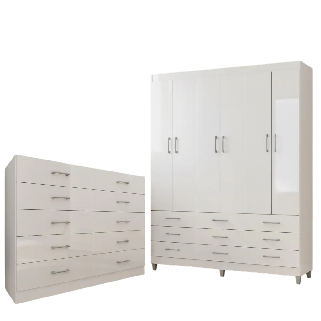 Guarda-Roupa 6 Portas Paraty 3690 + Cômoda 10 Gavetas Caribe Branco – Fellicci