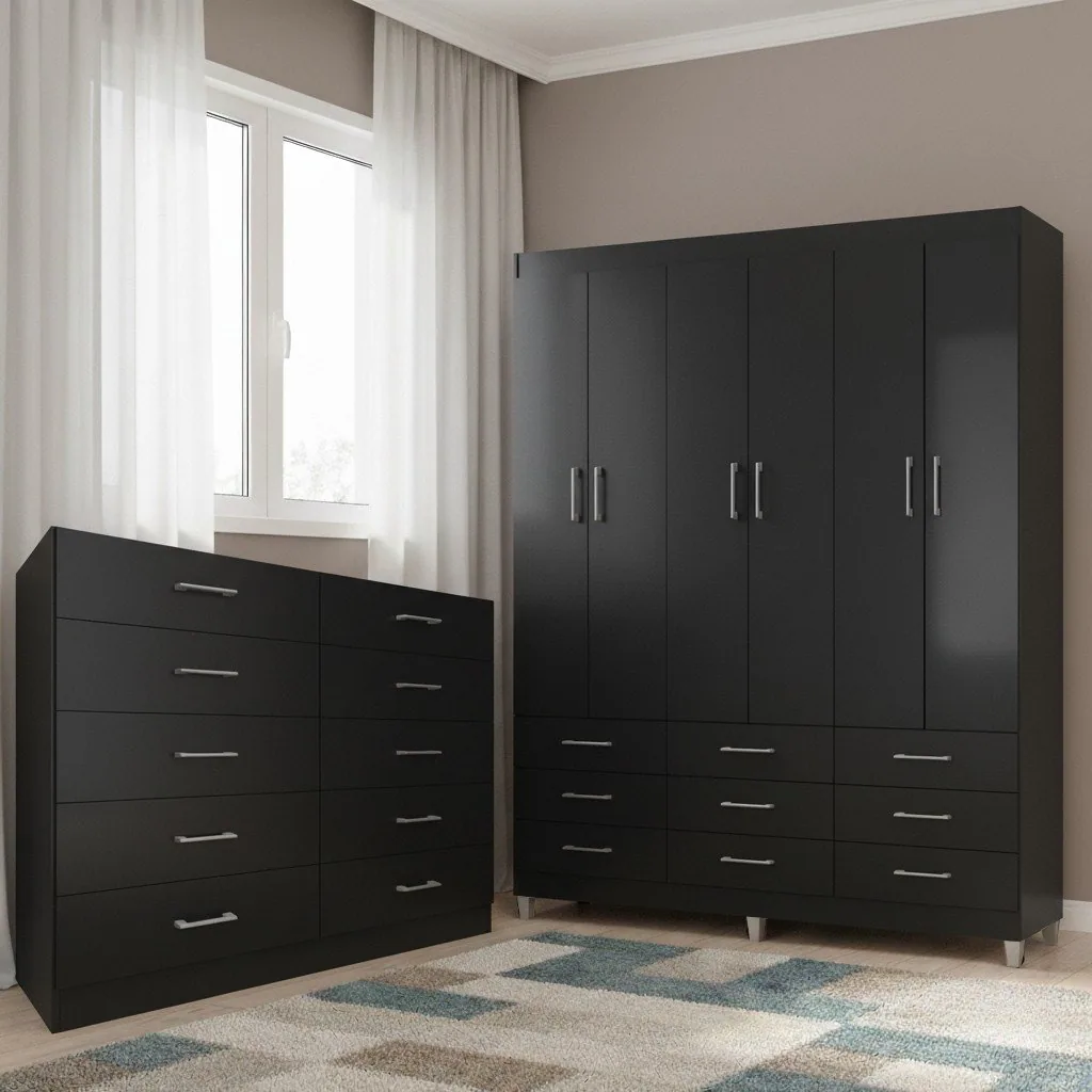 Guarda-Roupa 6 Portas Paraty 3690 + Cômoda 10 Gavetas Caribe Preto – Fellicci