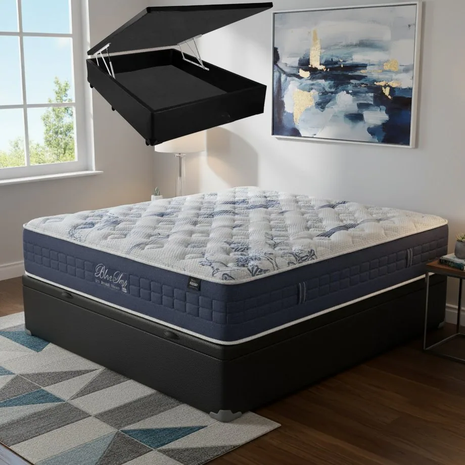 Colchão Casal Blue Sea 31 cm D28 Molas Ensacadas + Base Baú Corino Preto – ANJOS + ALTO NÍVEL
