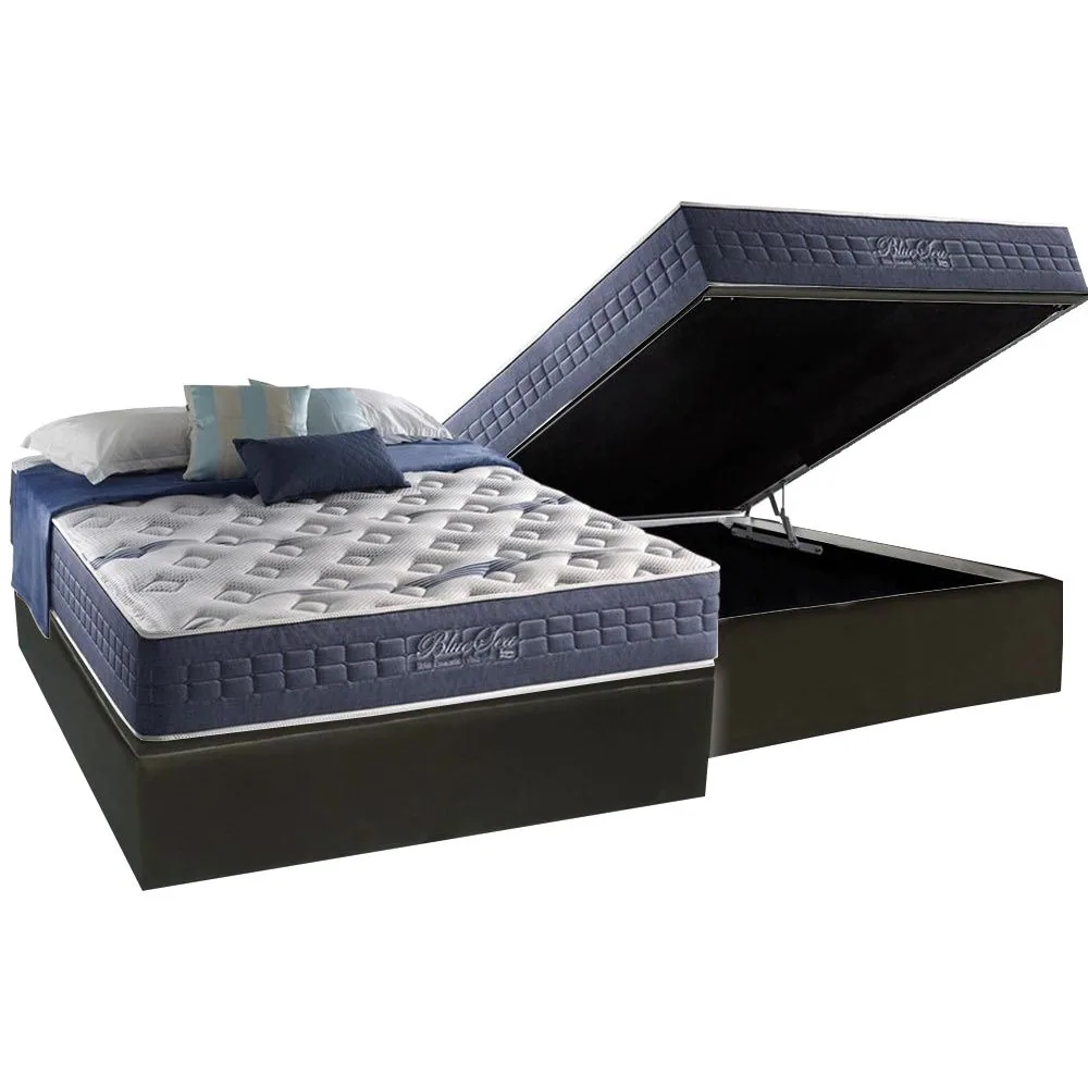 Colchão Casal Blue Sea 31 cm D28 Molas Ensacadas + Base Baú Corino Preto – ANJOS + ALTO NÍVEL