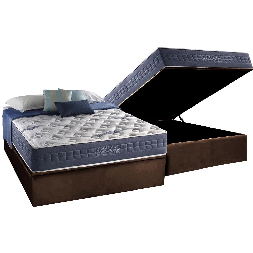 Colchão Casal Blue Sea 31 cm D28 Molas Ensacadas + Base Baú Corino Marrom – ANJOS + BIOSTAR