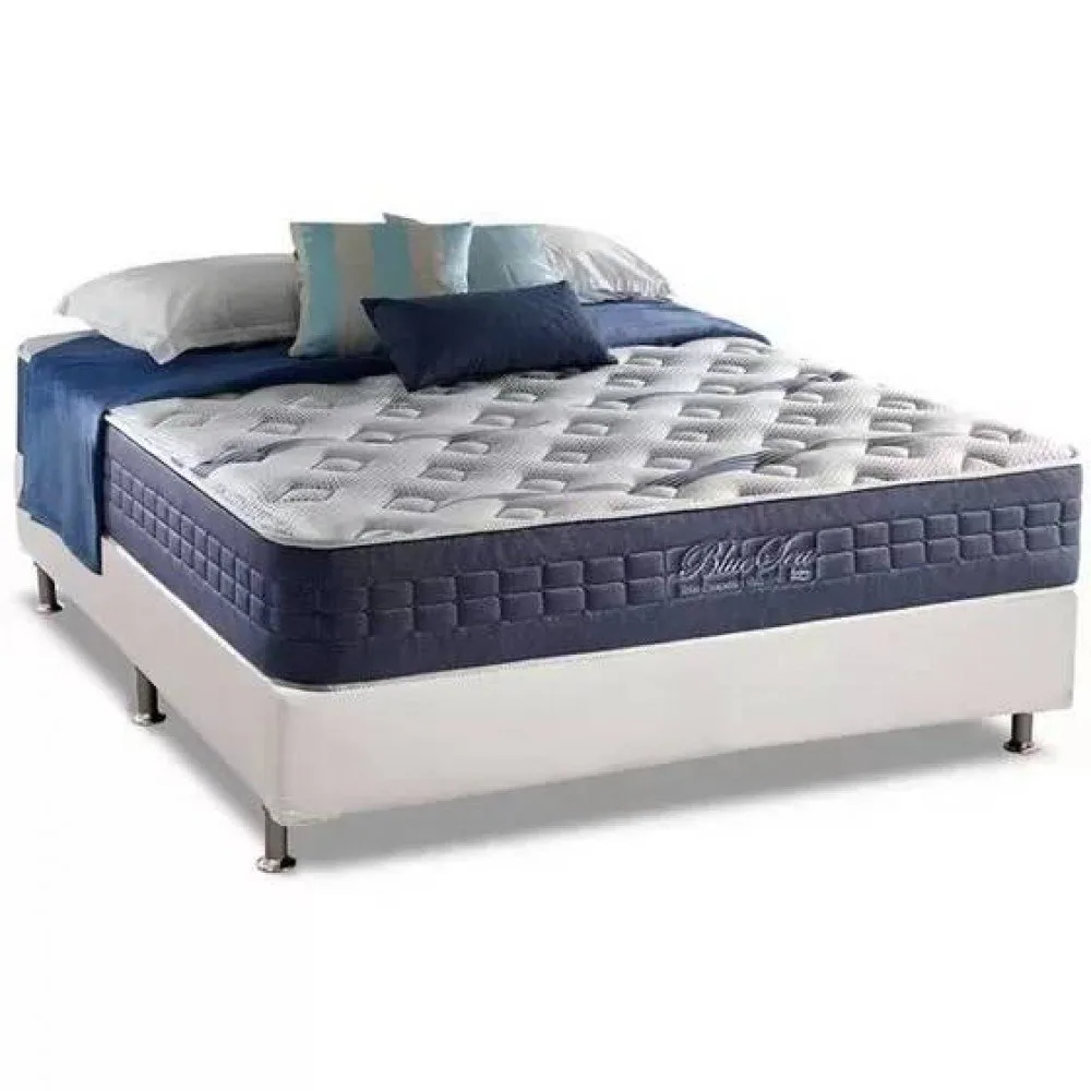 Colchão Casal Blue Sea 31 cm D28 Molas Ensacadas + Base Simples Corino Branco – ANJOS + ALTO NÍVEL