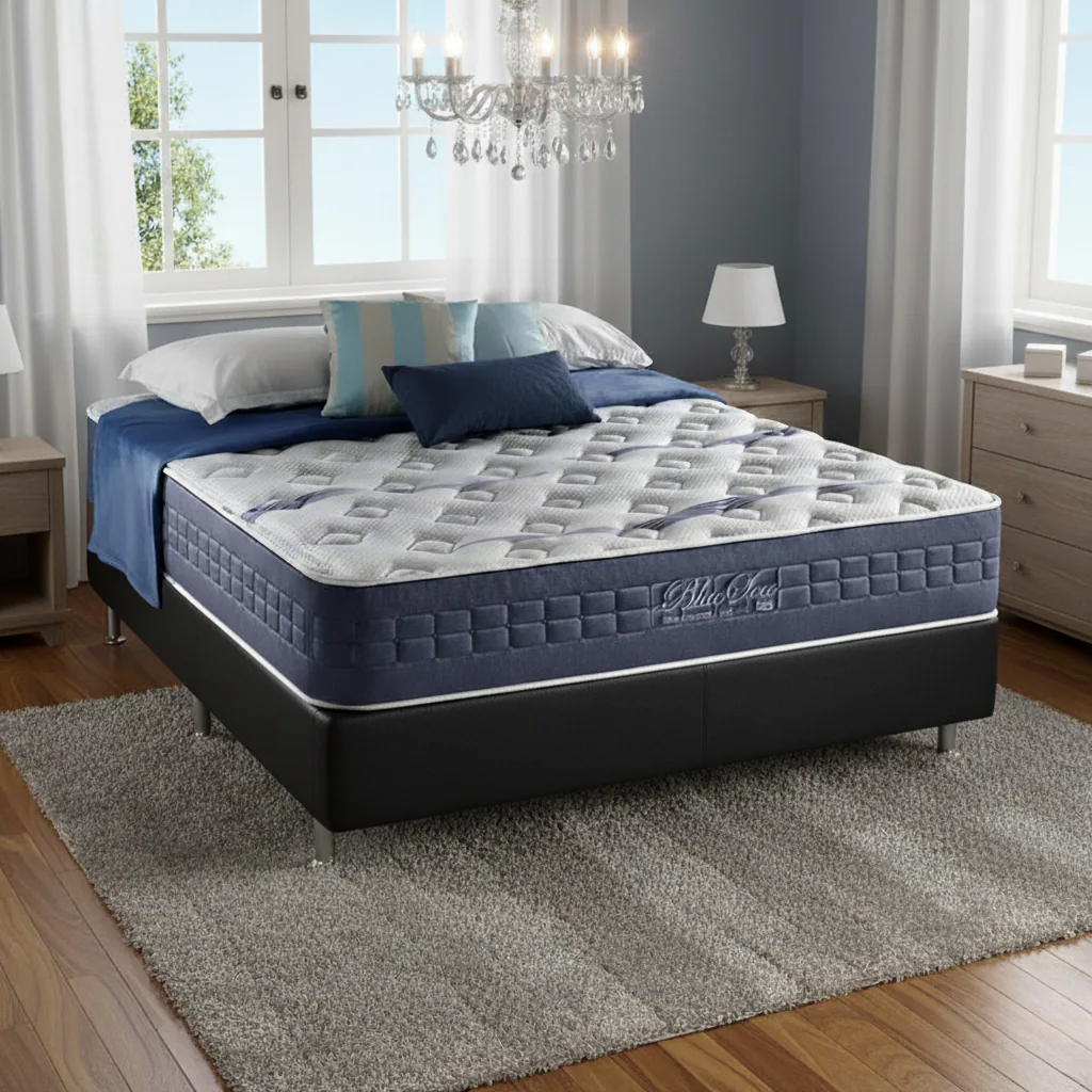 Colchão Casal Blue Sea 31 cm D28 Molas Ensacadas + Base Simples Corino Preto – ANJOS + BIOSTAR