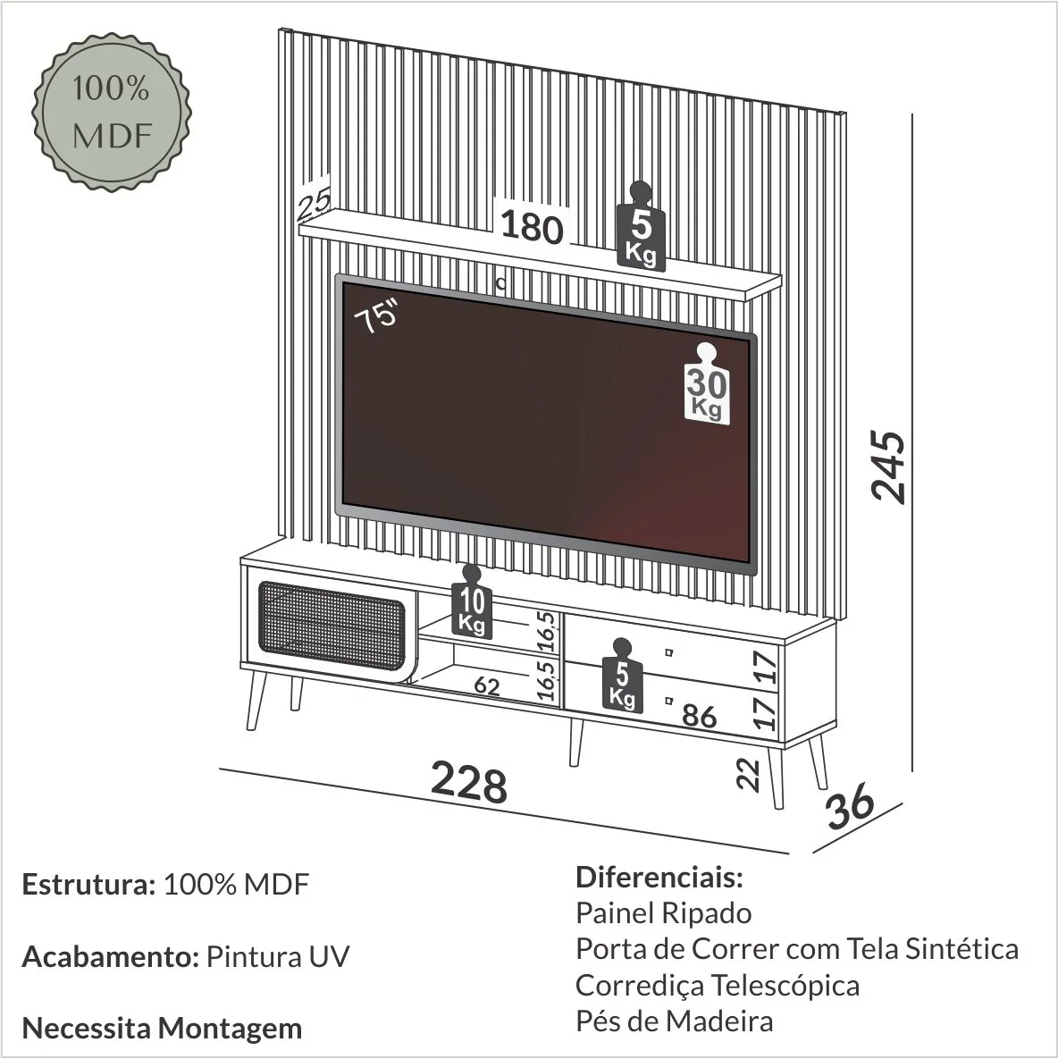 Painel + Rack até 75″ TB346F Freijó – DALLA COSTA