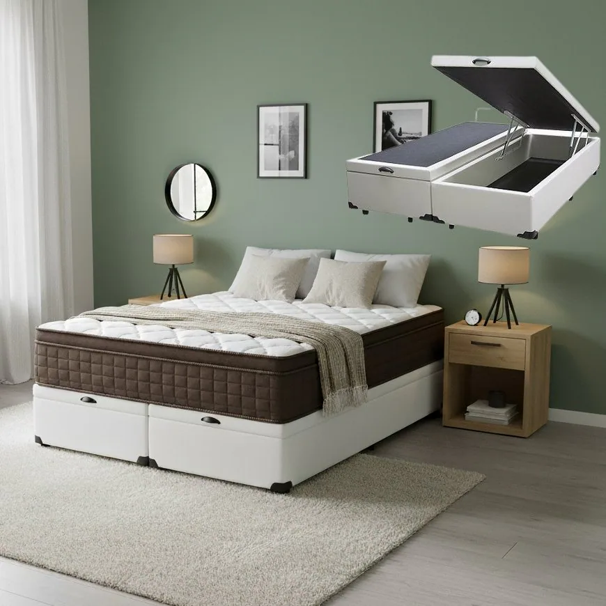 Colchão Queen Star One D28/AG D70 + Base Box Baú Corino Branco – ANJOS COLCHÕES + ALTO NÍVEL CAMAS E COLCHÕES