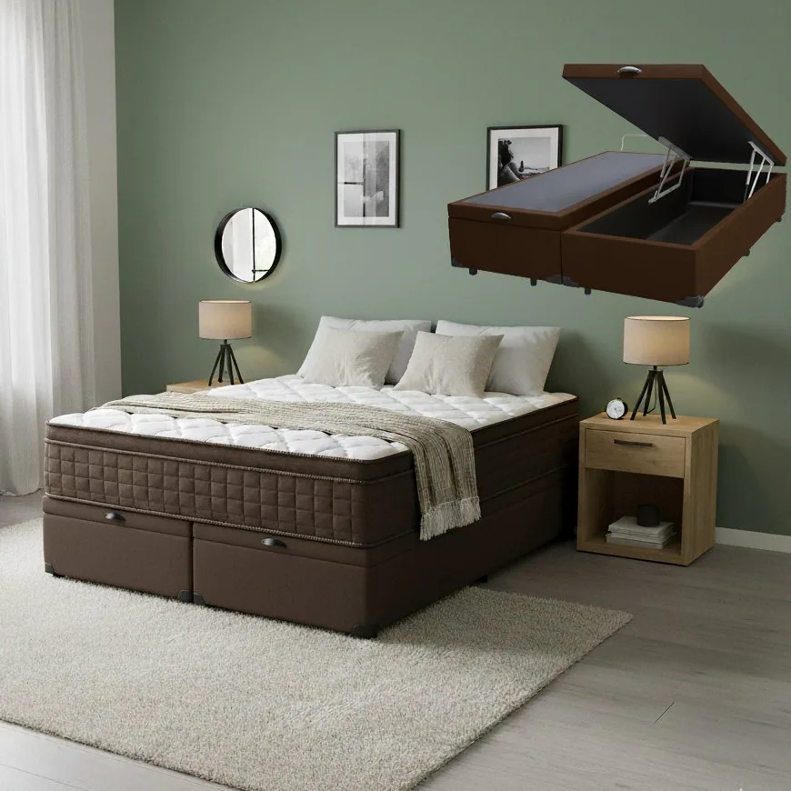 Colchão Queen Star One D28/AG D70 + Base Box Baú Corino Marrom – ANJOS COLCHÕES + ALTO NÍVEL CAMAS E COLCHÕES