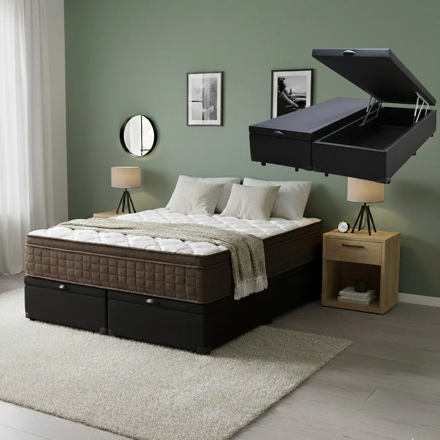 Colchão Queen Star One D28/AG D70 + Base Box Baú Corino Preto – ANJOS COLCHÕES + ALTO NÍVEL CAMAS E COLCHÕES