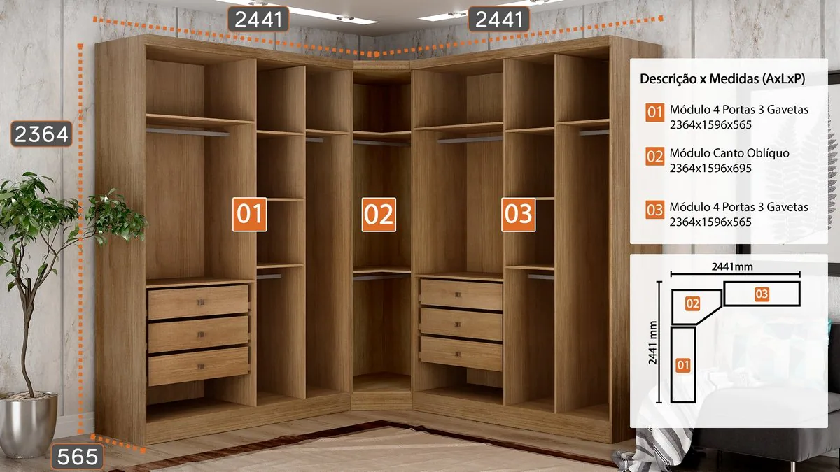 Guarda-Roupa Modulado Rizon 001(Dois Módulos 4 Portas + Um Módulo Canto Oblíquo) Cumaru/Fendi – NOVO HORIZONTE