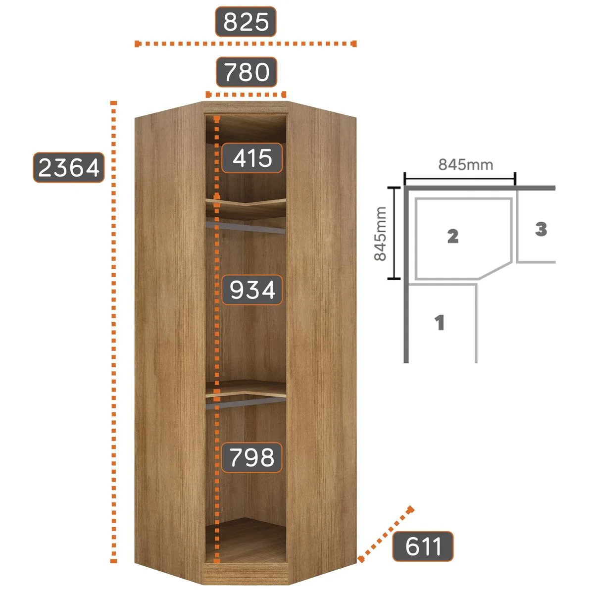 Guarda-Roupa Modulado Rizon 001(Dois Módulos 4 Portas + Um Módulo Canto Oblíquo) Cumaru/Fendi – NOVO HORIZONTE