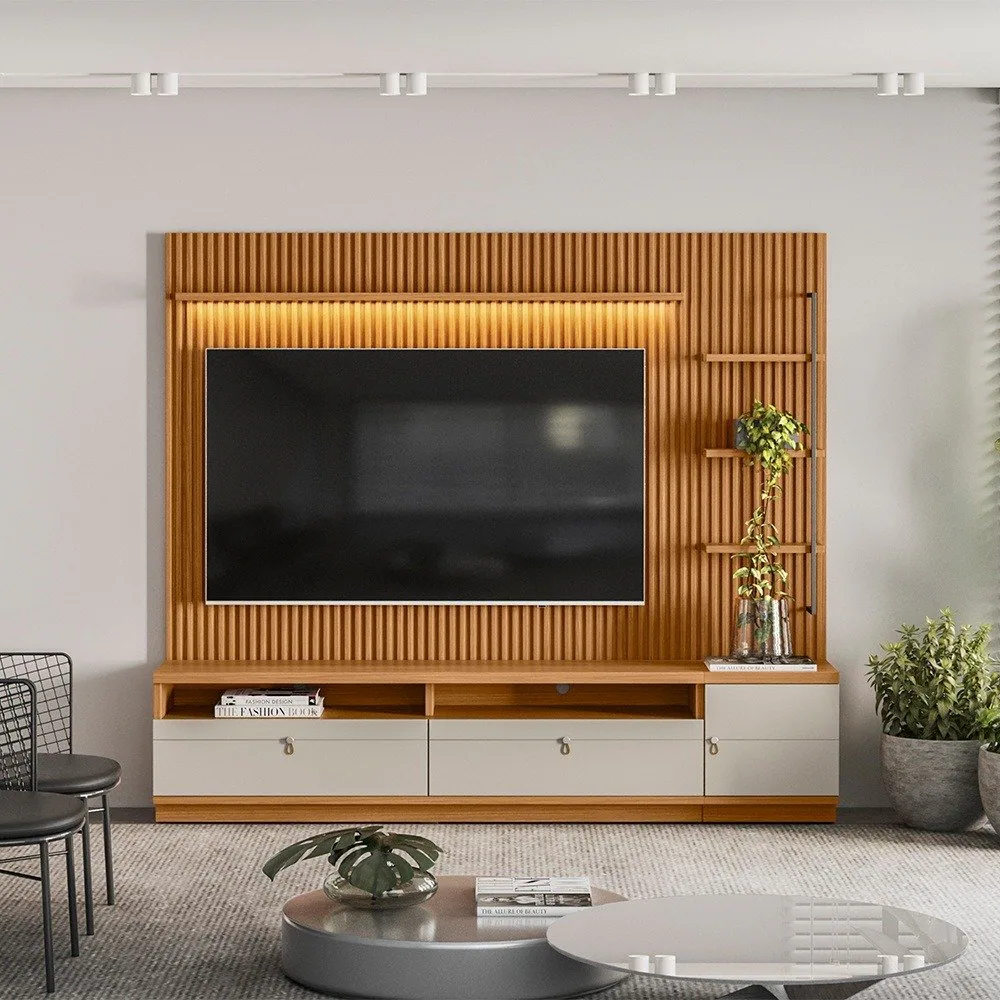 Painel até 75″ + Rack + Módulo Lateral Ouro Preto Nature/Off White – LINEA BRASIL