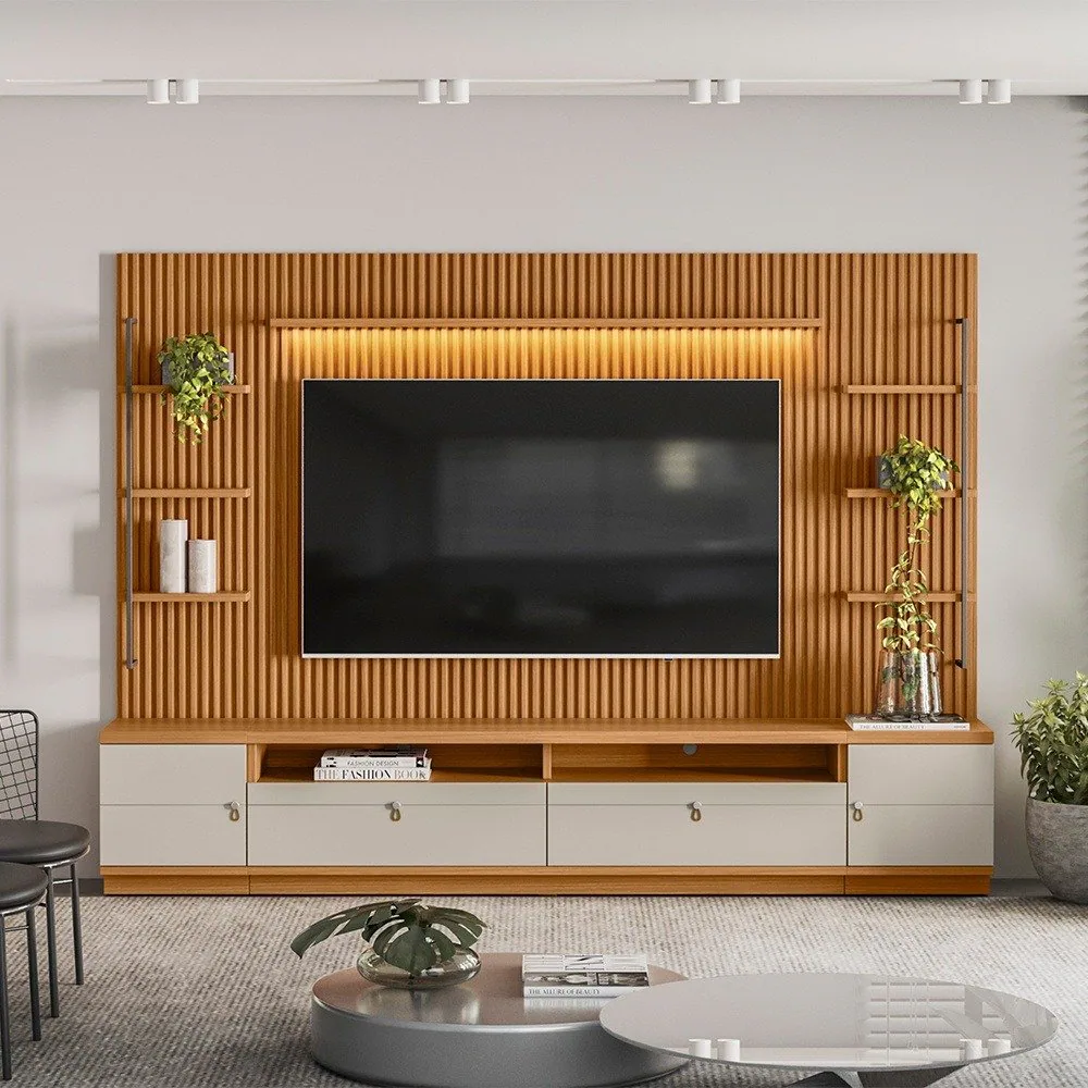 Painel + Rack + Dois Módulos Laterais Ouro Preto Nature/Off White – LINEA BRASIL