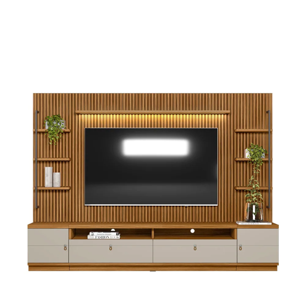 Painel + Rack + Dois Módulos Laterais Ouro Preto Nature/Off White – LINEA BRASIL